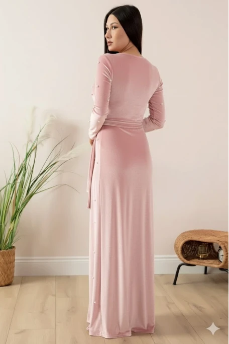 Kadife İ̇ncili Uzun Abiye Elbise Pudra