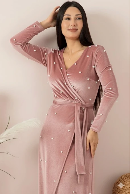 Kadife İ̇ncili Uzun Abiye Elbise Pudra