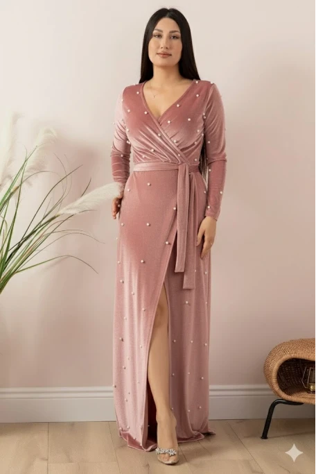Kadife İ̇ncili Uzun Abiye Elbise Pudra
