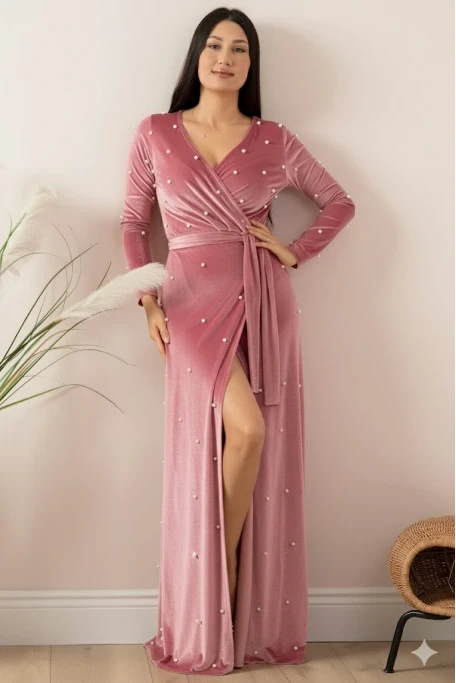 Kadife İ̇ncili Uzun Abiye Elbise Pudra
