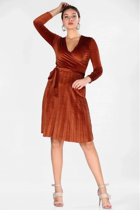 Kadife Midi Boy Pileli Elbise -TARCIN