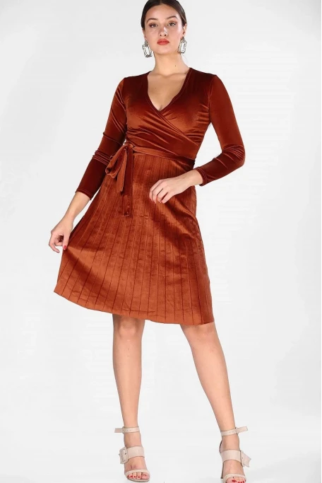 Kadife Midi Boy Pileli Elbise -TARCIN