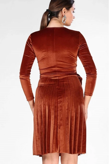 Kadife Midi Boy Pileli Elbise -TARCIN