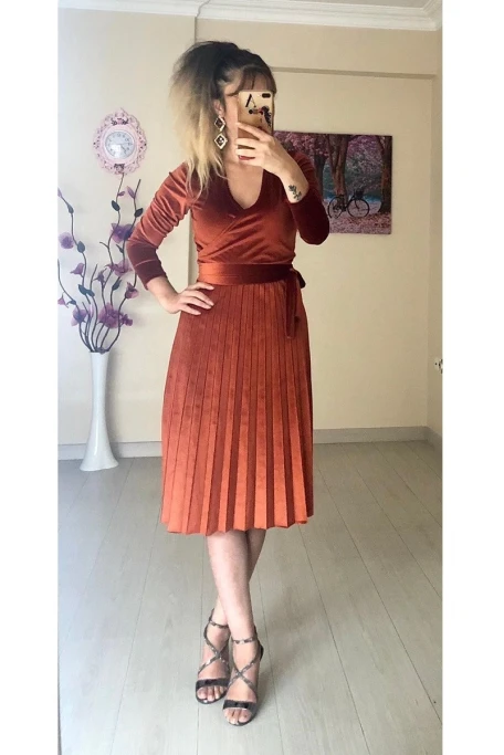 Kadife Midi Boy Pileli Elbise -TARCIN