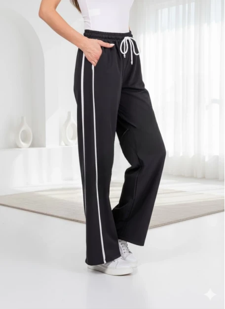 Kadın Büyük Beden Siyah Şerit Detaylı Bağcıklı Cepli Eşofman Alt