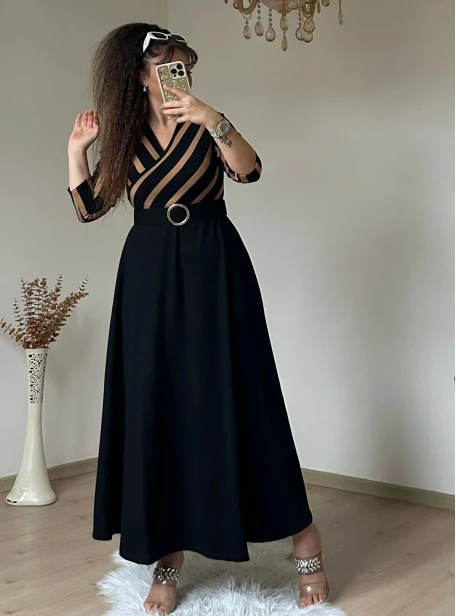 Kahve Cızgılı Halka Kemerlı Trıko Elbise