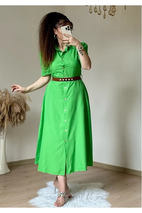 Kahve Kemerli Gömlek Elbise Yeşil