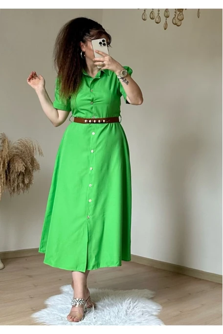 Kahve Kemerli Gömlek Elbise Yeşil