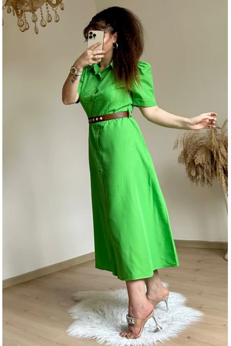 Kahve Kemerli Gömlek Elbise Yeşil