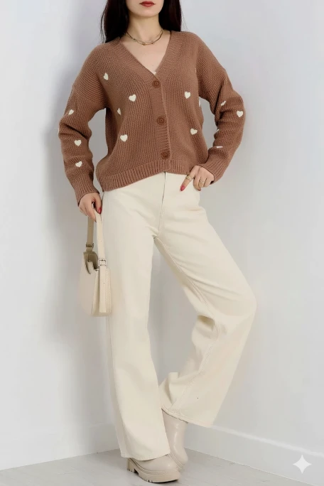 Kalp Nakışlı Crop Hırka Kahve