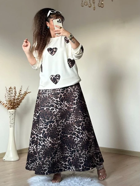 Kalpli Leopar Etek Bluz Takım