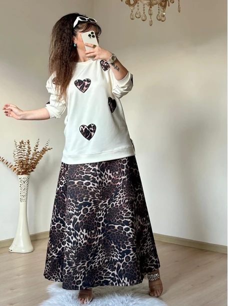 Kalpli Leopar Etek Bluz Takım
