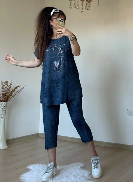 Kaprı Lacivert Taşlı Takım