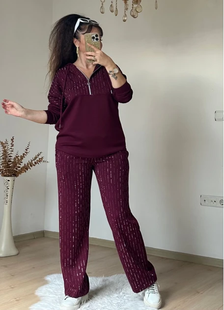 Kapusonlu Taşlı Takım Bordo Büyük Beden