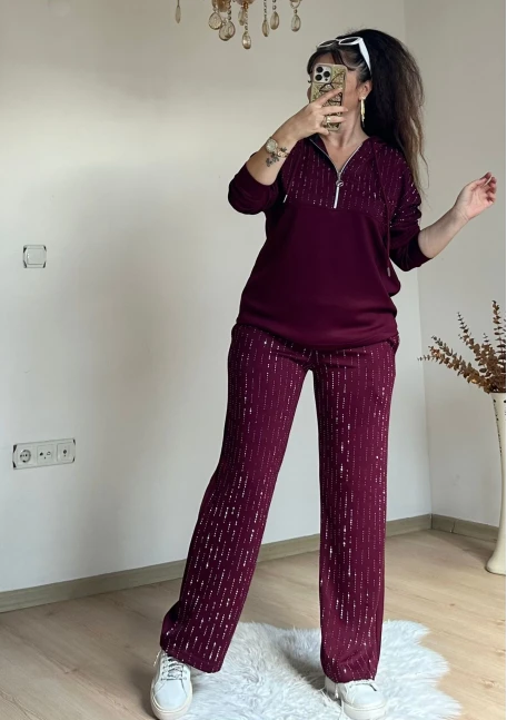 Kapusonlu Taşlı Takım Bordo Büyük Beden