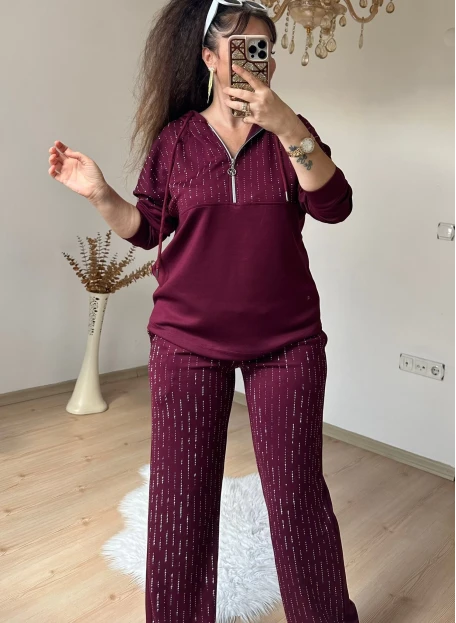 Kapusonlu Taşlı Takım Bordo Büyük Beden