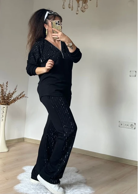 Kapusonlu Taşlı Takım Siyah Büyük Beden