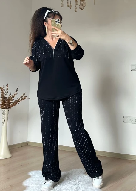 Kapusonlu Taşlı Takım Siyah Büyük Beden