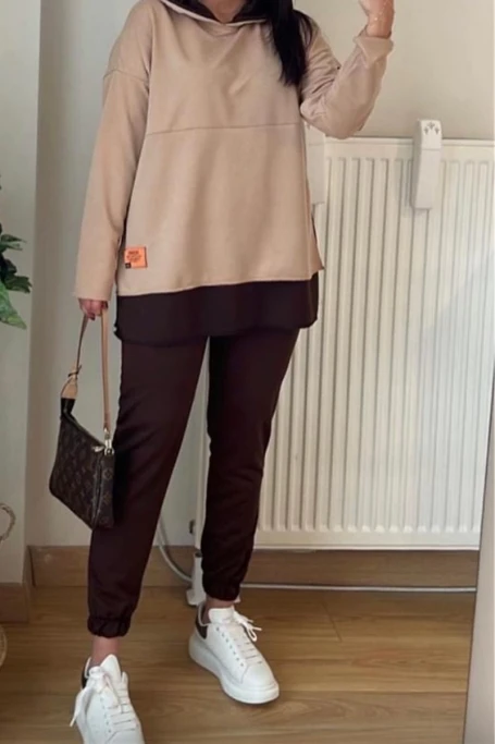 Kapüşonlu Yan Yırtmaçlı Takım Bej