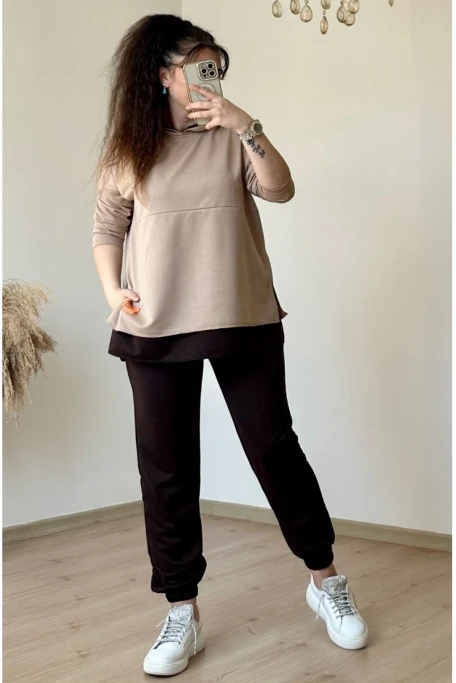 Kapüşonlu Yan Yırtmaçlı Takım Bej