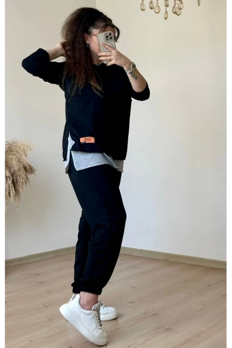 Kapüşonlu Yan Yırtmaçlı Takım Siyah