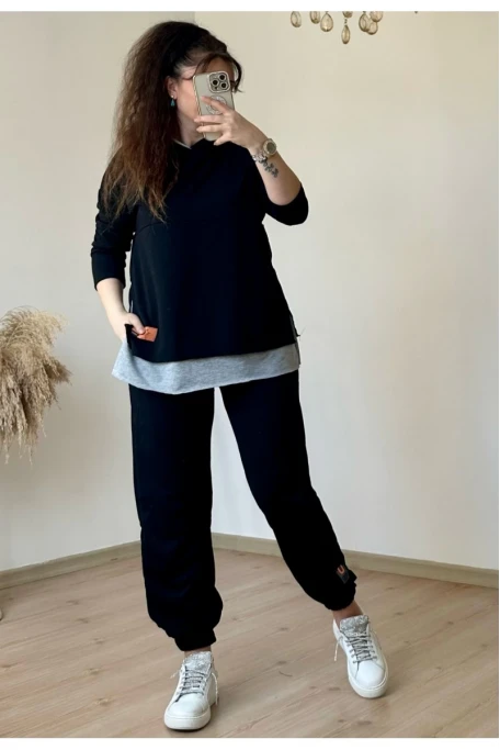 Kapüşonlu Yan Yırtmaçlı Takım Siyah