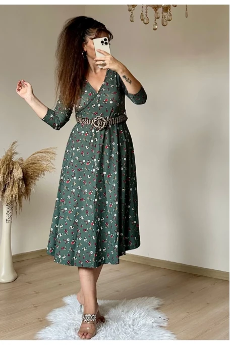 Kemerli Çıtır Çiçekli Krep Elbise Haki