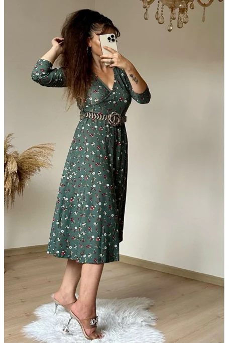 Kemerli Çıtır Çiçekli Krep Elbise Haki