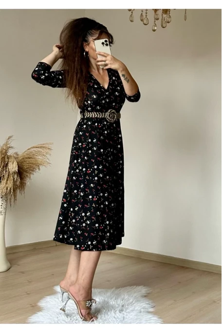 Kemerli Çıtır Çiçekli Krep Elbise Siyah