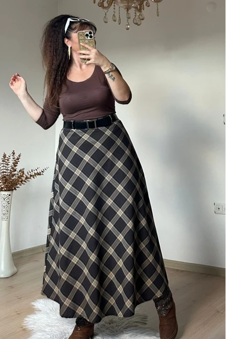 Kemerli Ekose Etek Kahve