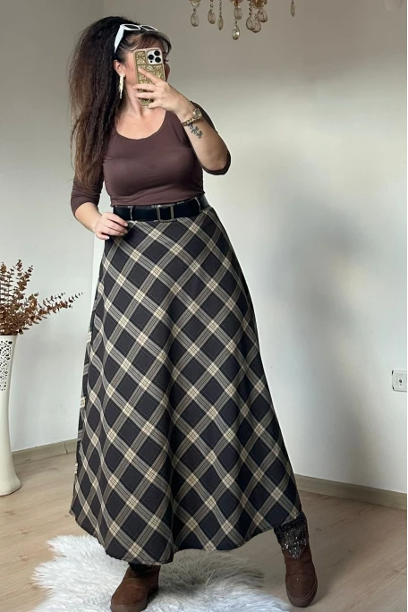 Kemerli Ekose Etek Kahve