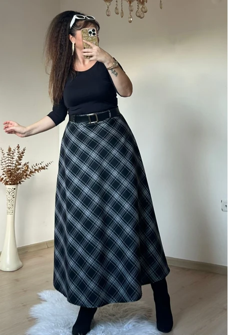 Kemerli Ekose Etek Siyah