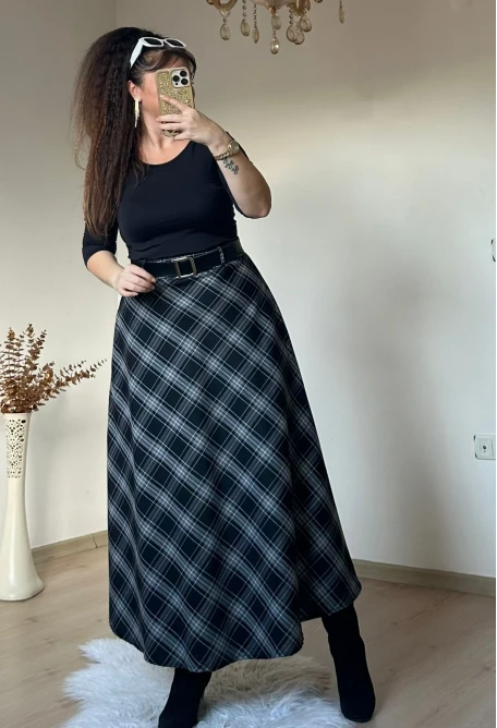 Kemerli Ekose Etek Siyah