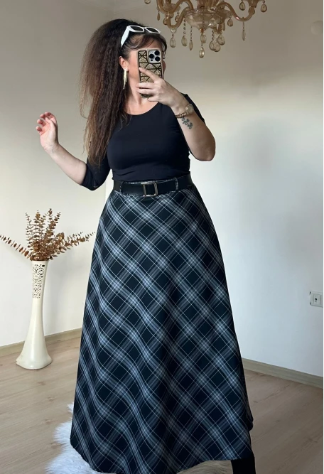 Kemerli Ekose Etek Siyah