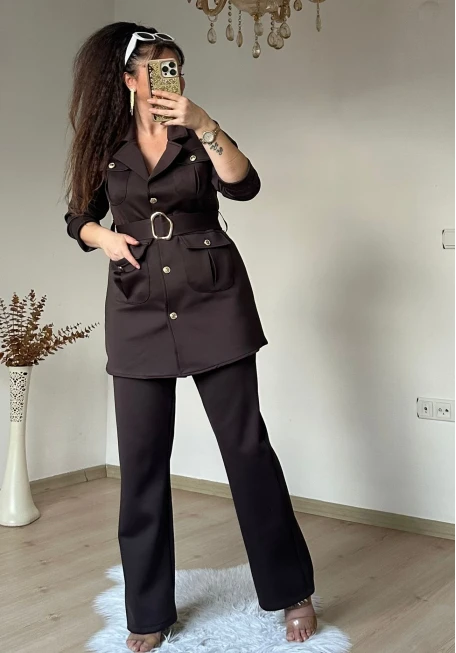 Kemerli Gold Dügmelı Takım Kahve