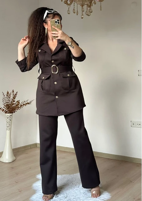 Kemerli Gold Dügmelı Takım Kahve