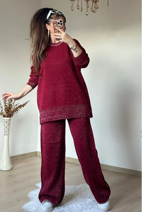 Kendinden Simli Trıko Takım Bordo