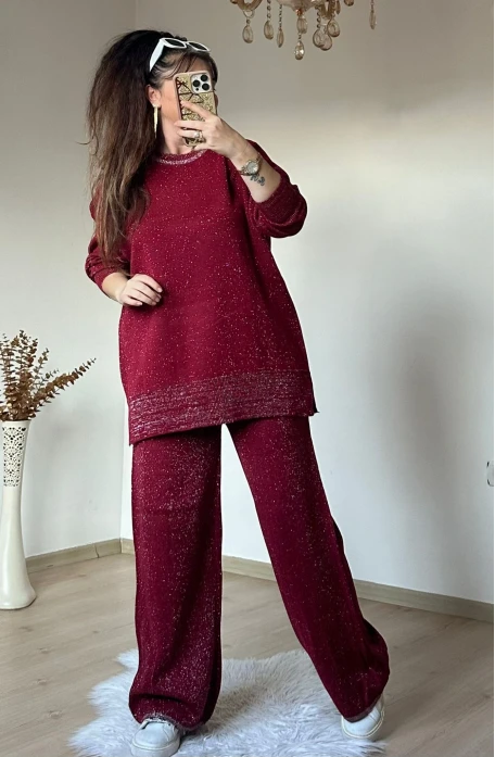 Kendinden Simli Trıko Takım Bordo