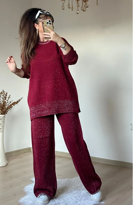 Kendinden Simli Trıko Takım Bordo