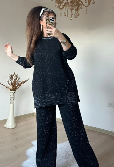 Kendinden Simli Trıko Takım Sıyah