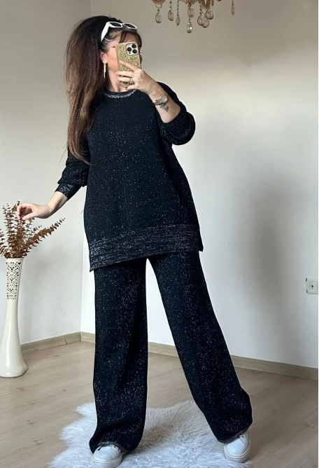 Kendinden Simli Trıko Takım Sıyah