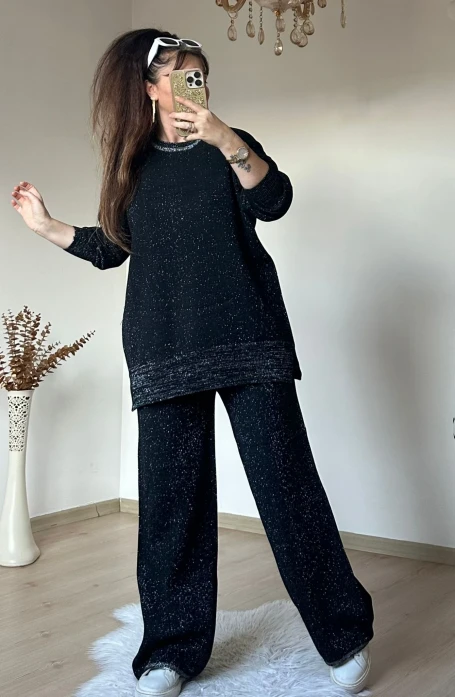 Kendinden Simli Trıko Takım Sıyah