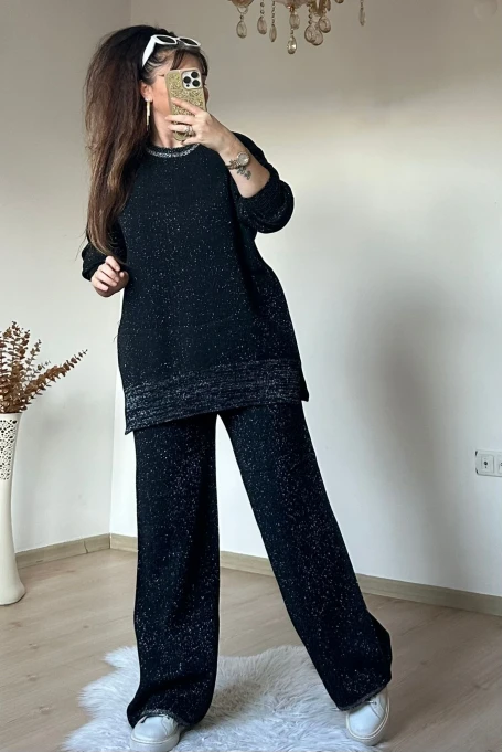 Kendinden Simli Trıko Takım Sıyah