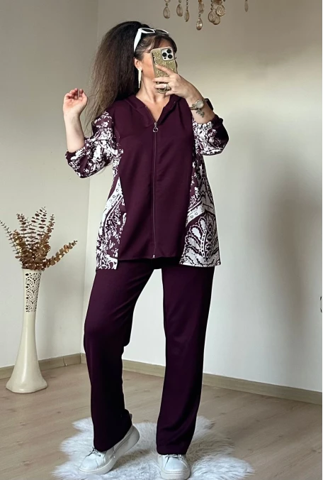 Kilim Desen Büyük Beden Takım Bordo