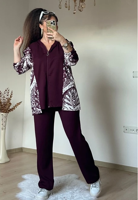 Kilim Desen Büyük Beden Takım Bordo