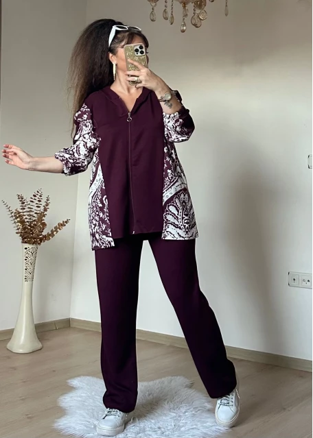 Kilim Desen Büyük Beden Takım Bordo