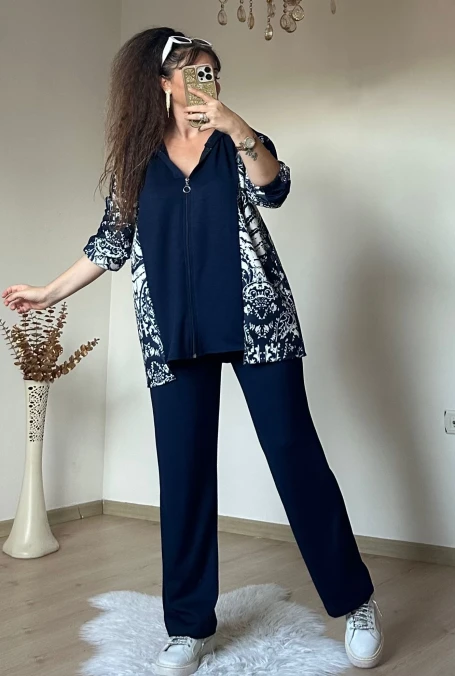 Kilim Desen Büyük Beden Takım Lacivert