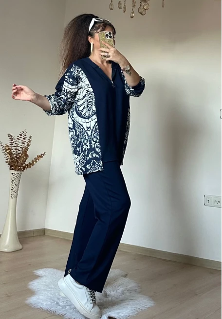 Kilim Desen Büyük Beden Takım Lacivert