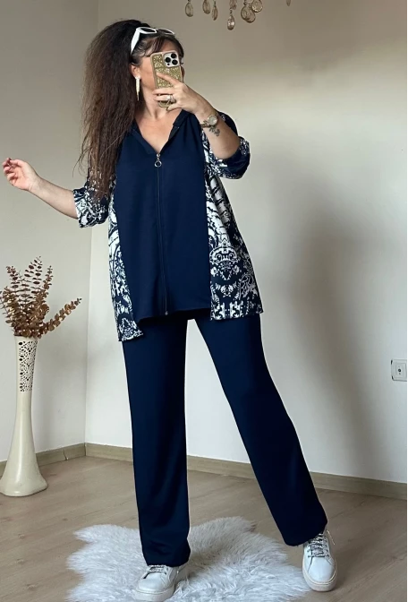 Kilim Desen Büyük Beden Takım Lacivert