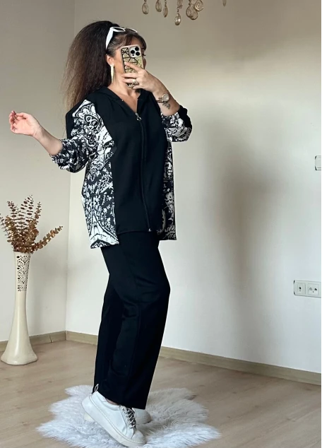 Kilim Desen Büyük Beden Takım Siyah